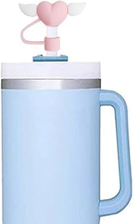 Cute Love Wings Silicone Straw Topper for Stanley 30&40 Oz, Straw Cover Cap,Splash Proof Straw Topper,Reusable Straw Cap Cover,10mm Drinking Straw Tip Covers for Stanle (Pink Heart White Wings) - Image 2