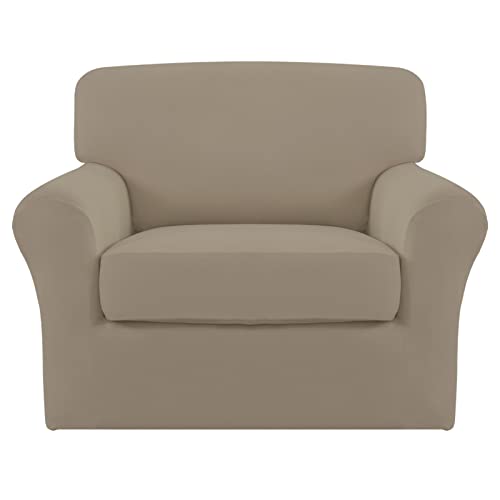 Image of Easy-Going 2 Pieces Stretch Sofa Slipcover for Armchair Washable | Spandex Soft Fitted Sofa Couch Cover for Living Room Washable Furniture Protector with Bottom Kids Pet Natural