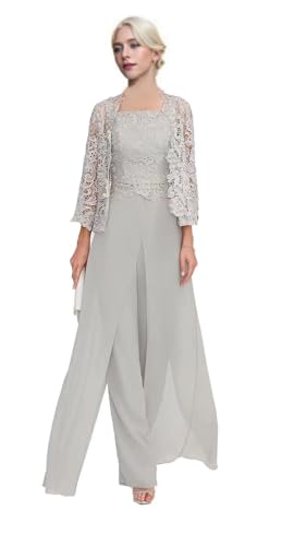3 Pieces Mother of The Bride Pant Suits for Women with Jacket Lace Chiffon Long Sleeve Formal Evening Outfit