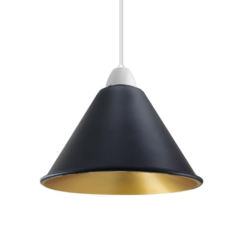 LEDSone Modern Industrial Metal Ceiling Light Shade Easy Fit Pendant Lamp Shade for Living Room, Kitchen, Hallway with Free Reducer Plate (Black Inner Gold)
