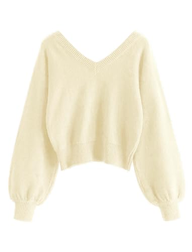 Image of ZAFUL Women's Cropped Sweater V-Neck Long Sleeve Pullover Jumper Knit Top | Crop Length, Ribbed Knit, Double V design, White sweater, Raglan sleeves, lantern sleeve, Fall & Winter, Loose fit, Oversized