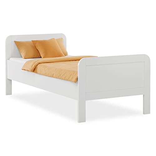 Homestyle4u Einzelbett mit Lattenrost Holzbett 90x200 Komfortbett Weiß Single Bett Senioren Komforthöhe