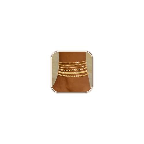 Image of LOYALLOOK Ankle Bracelets for Women Waterproof, 14K Gold Plated Cuban Figaro Link Chain Anklets Non Tarnish, Dainty Layered Anklet Bracelets Adjustable Summer Beach Foot Jewelry