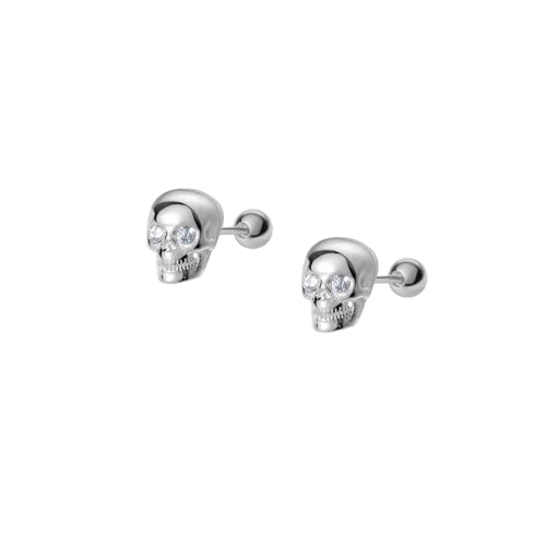 20g Skull CZ S925 Sterling Silver Gold Plated Halloween Small Stud Earrings for Women Men Cartilage Tragus Screw Back Punk Gothic Little Tiny Piercing Studs Post Jewelry for Party Birthday