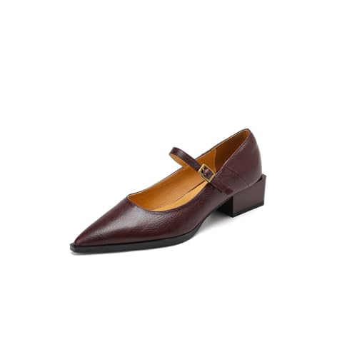 TinaCus Handmade Women's Genuine Leather Closed Pointed Toe Buckle Chunky Heel Mary Jane Shoes