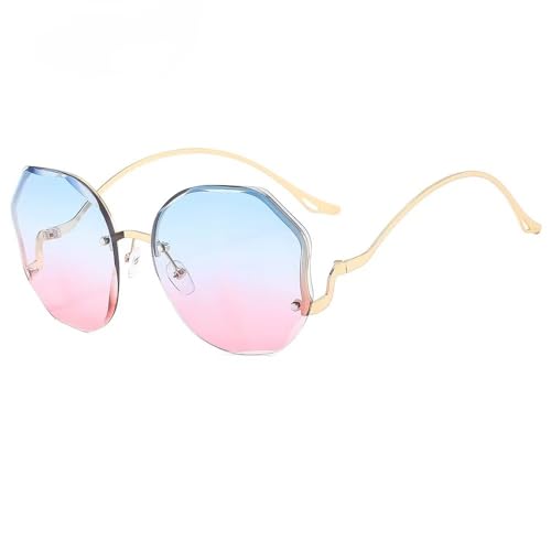 Chinshwehaw 2025 Designer Sunglasses Women - Frameless Geometric Cat Eye, Gold Metal Frame & Blue Pink Gradient Lens, UV400, Lightweight Luxury Sun Glasses for Driving, Beach, Street Style