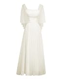 Damen Hochzeitskleid für Mollige A-Linie Lang Vintage Brautkleid mit Ärmel Perlen Hohe Taille Tüll Hochzeitskleid Standesamt Elfenbein 58