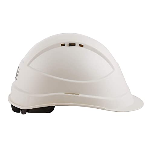 Image of Hardware Store Safety Helmet for Men | is:2925:1984 Certified Construction Helmet | Ratchet Adjustment with Chin Strap | Industrial Work Helmet with Side Slot for Attachments - White