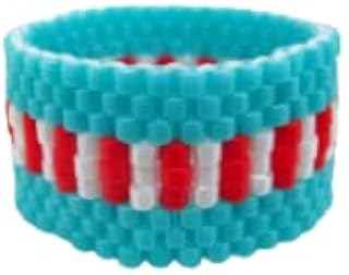 Beaded Peyote Ring in Turquoise, Red and White, Seed Bead Jewelry