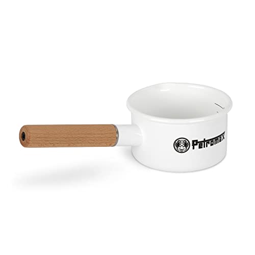 Petromax Emaille Stieltopf weiß (500 ml)| Robuster Holzstiel | Hitzebeständig & kratzfest | Leicht zu reinigen | Für alle Herdarten & Feuerstellen geeignet