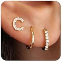 Ritach Gold Earrings for Women Girls - 3 Pairs Gold/Silver/Rose Gold Hoop Earrings for Women Girls CZ Initial Stud Earrings for Girls Hypoallergenic Earrings Set for Multiple Piercing