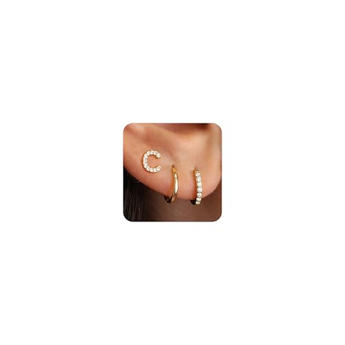 Ritach Huggie Earrings for Women - Initial C Gold Earrings Studs Gold Huggie Earrings for Women Gold Hoop Earrings Stacks Hypoallergenic Stud Earring Sets for Multiple Piercing Jewelry