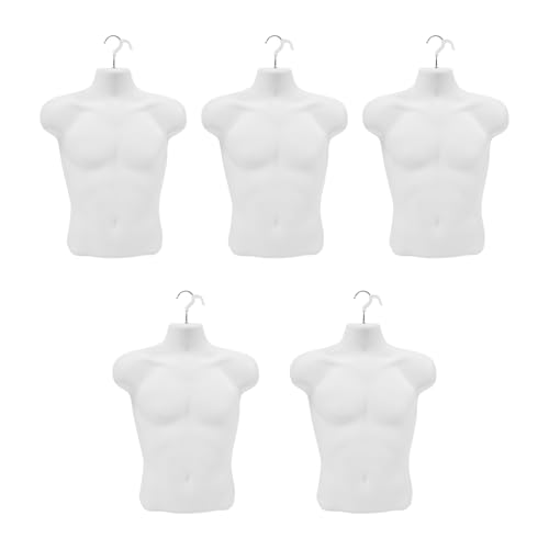 5 Pack Male Mannequin Torso with Hanging Hook, Hollow Back Body Stackable Dress Form for Tshirt Display, Countertop, Craft Shows, Photos and Design