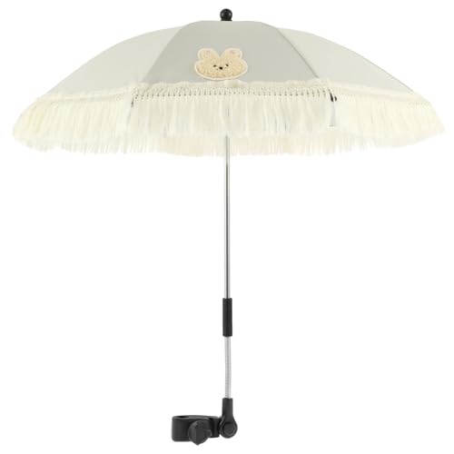 Tcwhniev Baby Stroller Outdoor Parasol with Tassels, Adjustable Baby Stroller Umbrella, Cute Clip On Sunshade Parasol, Children Outdoor Beach Umbrella Proof for Children Buggy, White