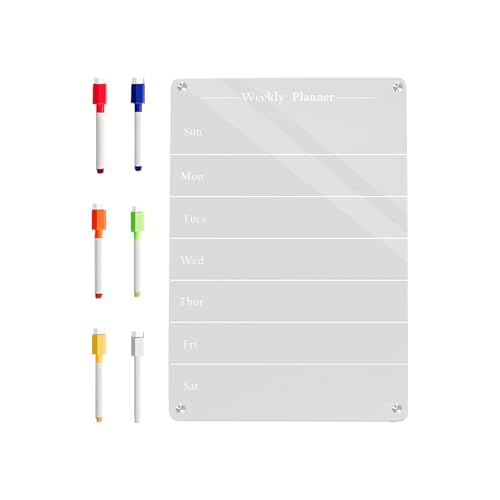 Pizarra magnética borrable en seco | Panel acrílico para nevera con imán | Pizarra blanca transparente con 6 rotuladores | para aula, restaurante, cocina, comedor, apartamento