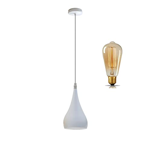 Image of LEDSone Modern Hanging Pendant Light Fitting, Industrial Loft Ceiling Adjustable Lamp Teardrop Metal 16cm Light Shade, E27 Base Pendant for Cafe, Restaurent, Living Room, Kithcen Island (White+Bulb)