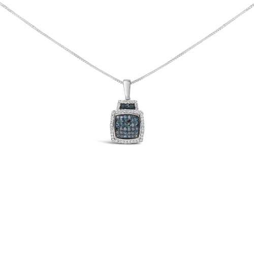 Haus of Brilliance .925 Sterling Silver 1/2 Cttw Blue Diamond with White Diamond Halo Block Pendant Necklace