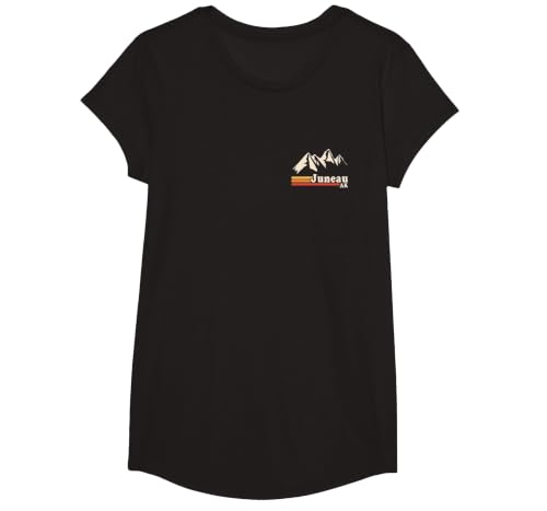 Retro Juneau Alaska AK Mountain T-Shirt, Girls, Black, Large
