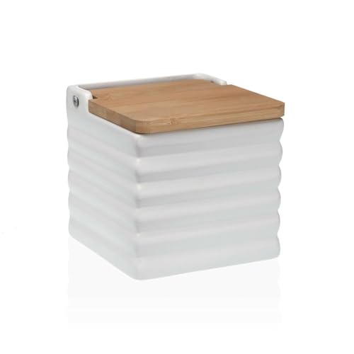 Versa Salero con Tapa Rayas Blanco Cerámica Bambú Dolomita 11 x 11 x 11 cm - Marca EAN: 8420327541468