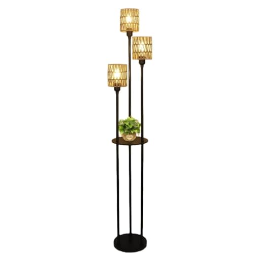Lampadaire en métal industriel abat-jour chanvre marron variateur et étagères pour salon beige