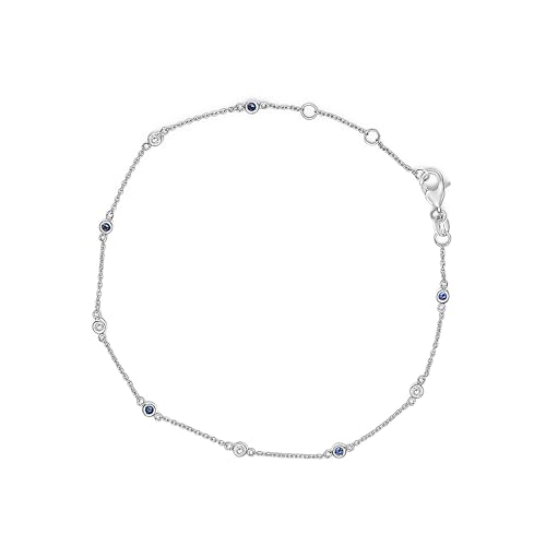 Haus of Brilliance 14K White Gold Alternating Blue Sapphire and White Diamond Bezel Station Chain Bracelet (I-J Color, SI2-I1 Clarity) - 8" Inches