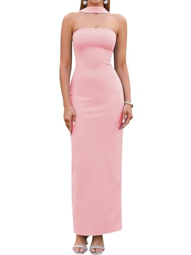Image of HTZMO Women Elegant Summer Bodycon Maxi Dress Halter Neck Formal Wedding Guest Cocktail Party Long Dresses