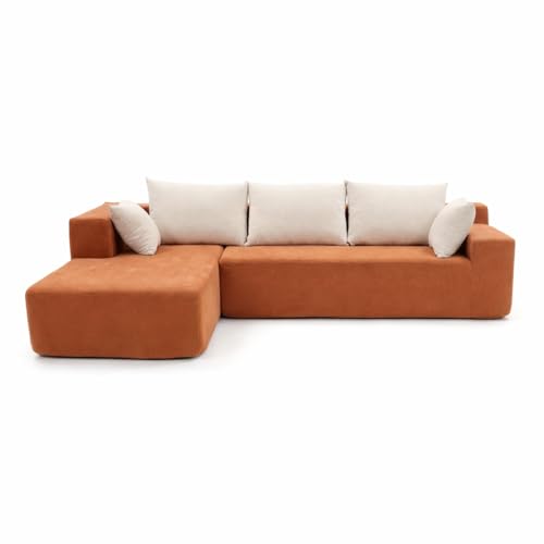 Coco Living Luna | Canapé d’Angle en L en Velours Côtelé 3 Places | Largeur 267 cm | Design Moderne & Confort Premium | Idéal Salon (Orange Blanc Gauche)