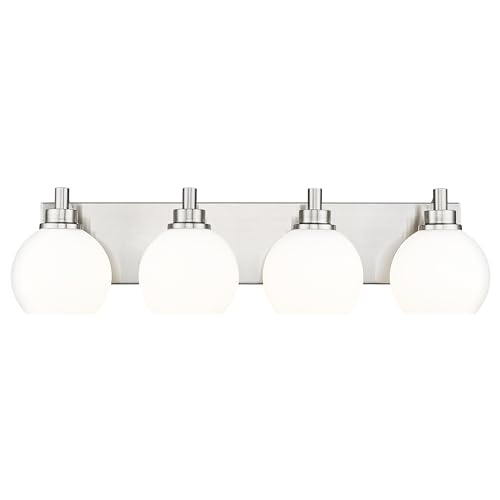 Image of Bathroom Light Fixtures, 4 Light Brushed Nickel Vanity Light, 26 Inch Modern Wall Sconces with Globe Milk White Glass Shade, Vanity Lighting Fixtures Over Mirror, VL195-BN-ML-4