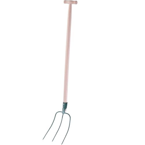 Gartengabel mit 100cm T-Griff Holzstiel, 3/4/5 Zinken, 126-132 cm Länge, Stahl Mistgabel, Dunggabel, Heugabel (3 ZINKEN)