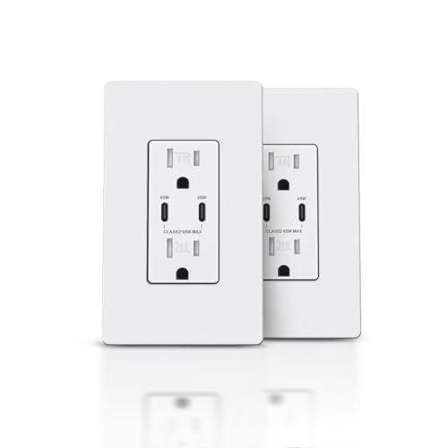 TOPELER USB Outlet, USB Electrical Socket with PD 65W Ultra Speed Charging for MacBook/Laptop, 15 AmpTamper Resistant Receptacle with Dual Type C Ports, ETL & FCC Listed, 2 Pack