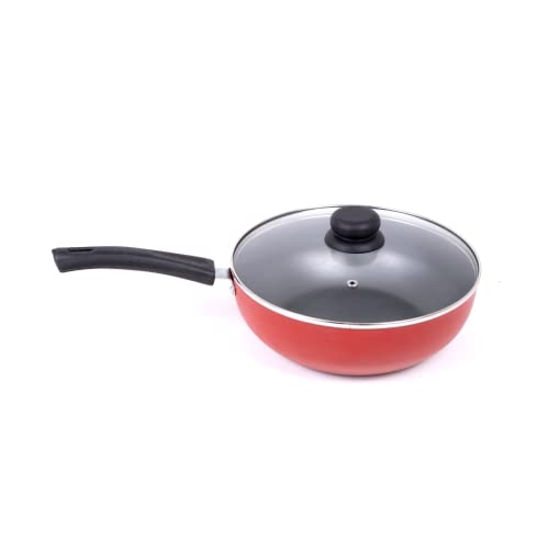 Panela Frigideira Tampa de Vidro WOK 24cm Antiaderente Alumínio - Vermelho