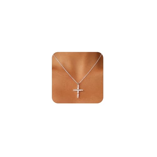 Cross Necklace for Women 14K Gold Silver Diamond CZ Cross Pendant Choker Dainty Gold Necklace Round Diamond Faith Religious Trendy Jewelry Gifts