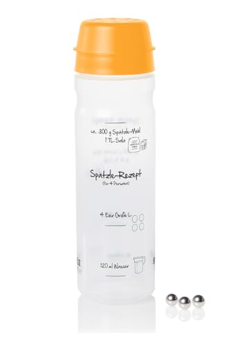 Spätzle-Shaker (Orange) pour 2 portions de spätzle maison (675 ml) - Presse à spätzle et mixeur en un seul geste pour faire des spätzle simples - L'original breveté