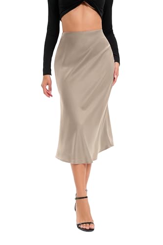 Oyamiki Ladies Silk Midi Skirt Elasticated High Waist Flared Long Skirts for Work Party, XL