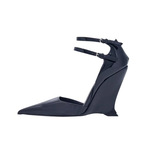 Image of Goolita Pointed Closed Toe Wedge Heels For Women, Sexy Patent Leather Buckle Strap Office Dress Pumps Shoes