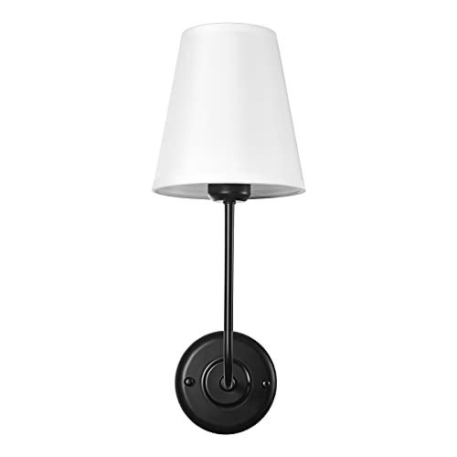Image of Hardwired Wall Sconce Set of 2 with Flared Shape White Textile Shade Curved Arm and Black Finish Metal Base,Perfect for Bedroom Living Room Bathroom Vanity Area
