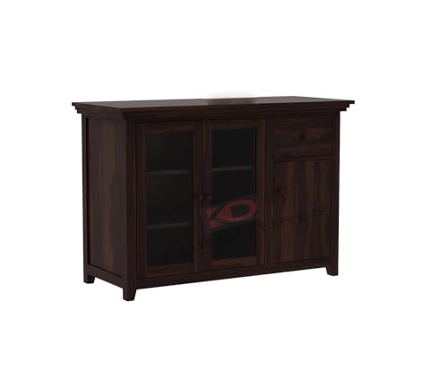 Image of Wood Kitchen Crockery Cabinet with Glass Door, Wooden Chest of Drawers, Kitchen Unit, Cabinet Storage, Sideboard Cabinet for Living Room, Walnut Finish, 45x17x35 Inches