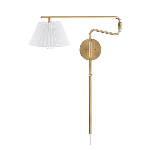 Image of Nathan James Kai Modern Wall Mounted Plugin Bedside Reading Lamp with Pleated Shade, Vintaged Brass Finish
