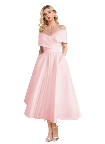Image of Women's Off Shoulder Wedding Dress for Bride Tea Length A Line Satin Formal Prom Dresses with Pockets