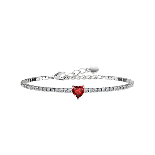 AllenCOCO Sterling Silver Heart Birthstone Bracelet, 14K White Gold Plated, AAAAA+ CZ Cubic Zirconia, Tennis Chain with Heart Charm, Hypoallergenic, Non-Tarnish Jewelry Gift for Women
