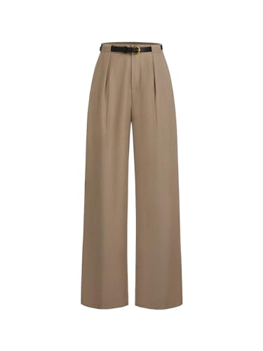 MakeMeChic Women's Work Pants Straight Leg Zip Fly Belted Business Casual Trousers Teacher Pants Khaki Small
