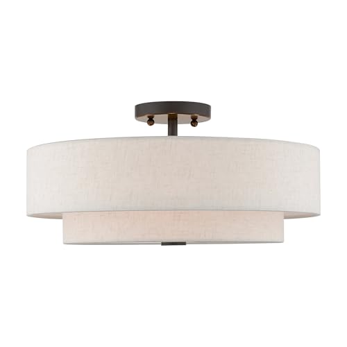 Livex Lighting 51085-92 4-Light Semi Flush Mount Ceiling Fixture with Oatmeal Color Fabric Hardback Drum Shade and Satin White Diffuser, English Bronze