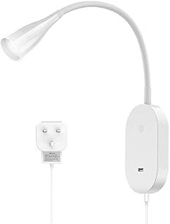 LED Wall Mounted Reading Light, Plug in Wall Light Touch Dimmable 4W, Bedside Reading Spot Lamp, Bedroom Headboard Light with USB Port, Flexible Gooseneck, 4 Brightness Levels Neutral White 4000K