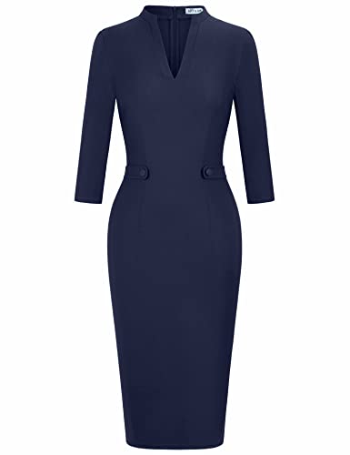 MUXXN Women's 1950s Retro 3/4 Sleeve V Neck Midi Sheath Vintage Cocktail Work Pencil Dresses3