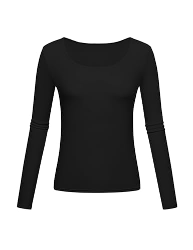 Black Long Sleeve Shirt Women Thermal Underwear Workout Underscrub Scoop Neck Dark Academia Slim Stretch Tops (Black Large)