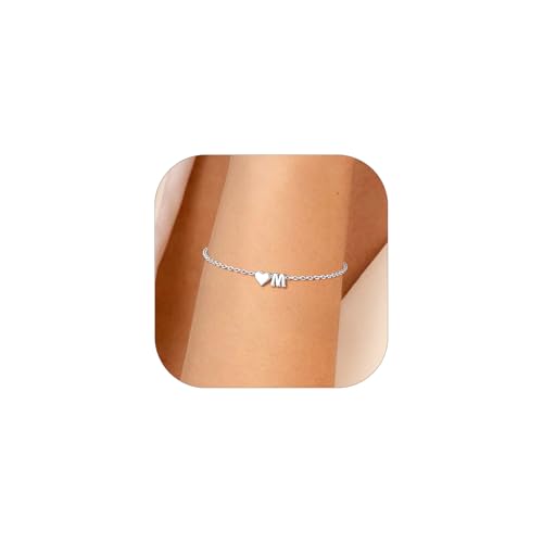 Silvora 925 Sterling Silver Dainty Initial Bracelet with Heart - 6.3