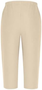LMSXCT Women Casual Lightweight Elastic Waist Side Buttons Cotton Linen Capri Pants with Pockets Summer Vacation Beach Capris Beige — view 6