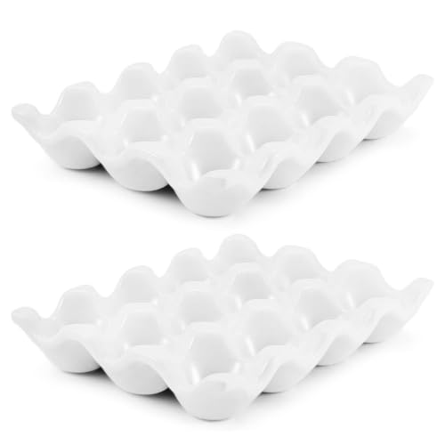 Flexzion 12 Cups Ceramic Egg Holder for Fridge - Dozen Ceramic Egg Tray Porcelain Container Storage Organizer Decorative Serving Stand Serveware for Refrigerator Countertop Display (White 2 Pack)