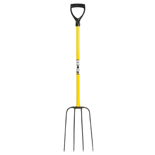 JCB 32'' 4 Prong Professional Manure Fork Made of Heavy Duty Carbon Steel with a Rubber T Handle Professional Site and Gardening Tools