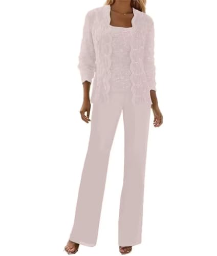 Image of 3 Pieces Chiffon Lace Mother of The Bride Pant Suits with Jackets Sequins Wedding Guest Dresses for Women